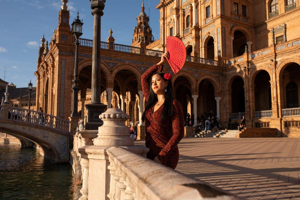 Professional photoshoot beside the tiled bridges of Plaza de España